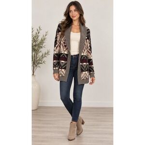 American Eagle Southwestern Aztec Cardigan Sweater M Gray Burgundy Boho Chic